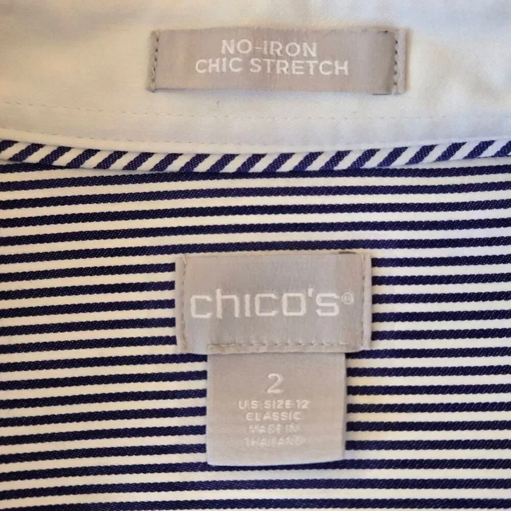 Chicos No Iron Womens Blue White Striped Long Sleeve Button Down Shirt Large